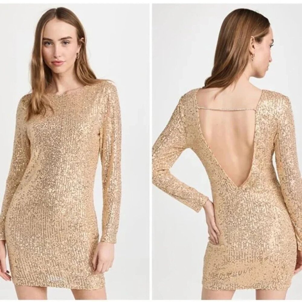 WAYF Womens Backless Mini Gold Sequin Exposed Back Dress Size S Small NWT